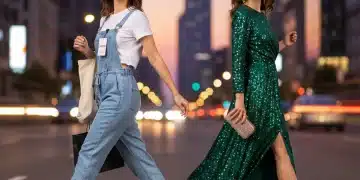 Mujer joven transformando atuendo SHEIN de día a noche en ciudad vibrante
