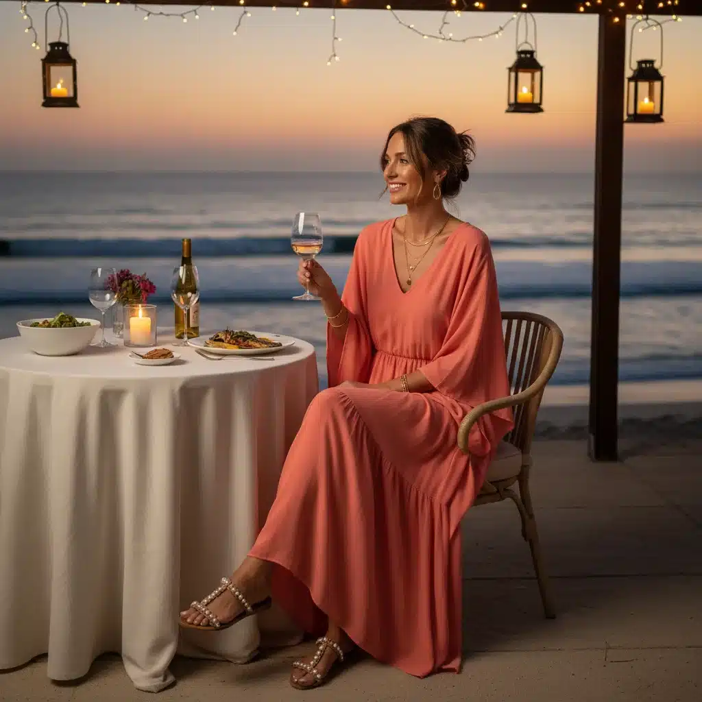 Mujer con vestido maxi Shein coral para cena de verano, con accesorios dorados y sandalias elegantes.