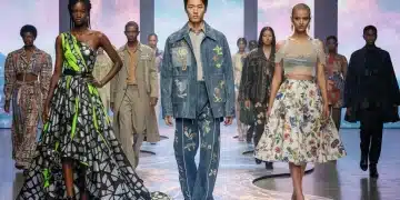 Shein X 2026: Diseñadores Emergentes que Revolucionarán tu Armario Modelos desfilando con diseños innovadores de Shein X 2026 en una pasarela futurista