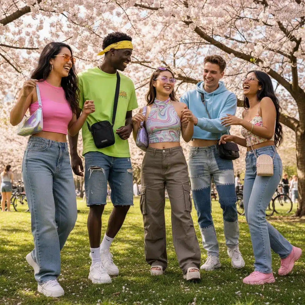 Jóvenes con looks 'Y2K Revival' de SHEIN en un ambiente primaveral y divertido.