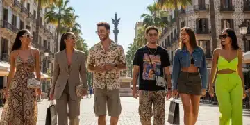 Jóvenes con estilo urbano SHEIN en una calle española soleada, mostrando tendencias de moda 2026.