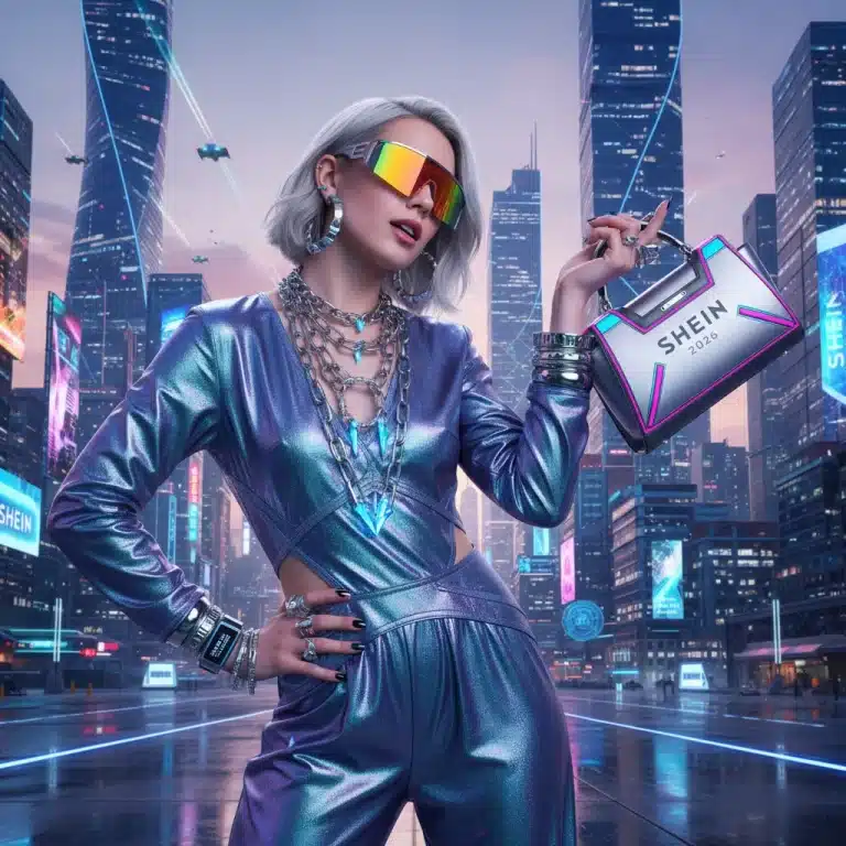 Mujer joven luciendo accesorios SHEIN de tendencia para 2026, con joyería audaz y bolso elegante.