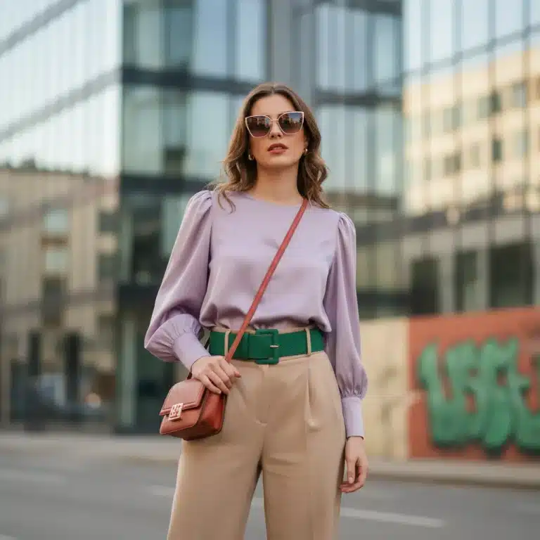 Mujer joven con estilo llevando las tendencias de color Shein 2026, posando en un entorno urbano.