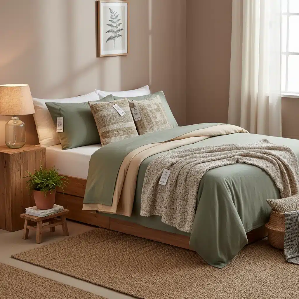 Dormitorio con textiles sostenibles SHEIN Home 2026, ambiente ecológico y sereno.
