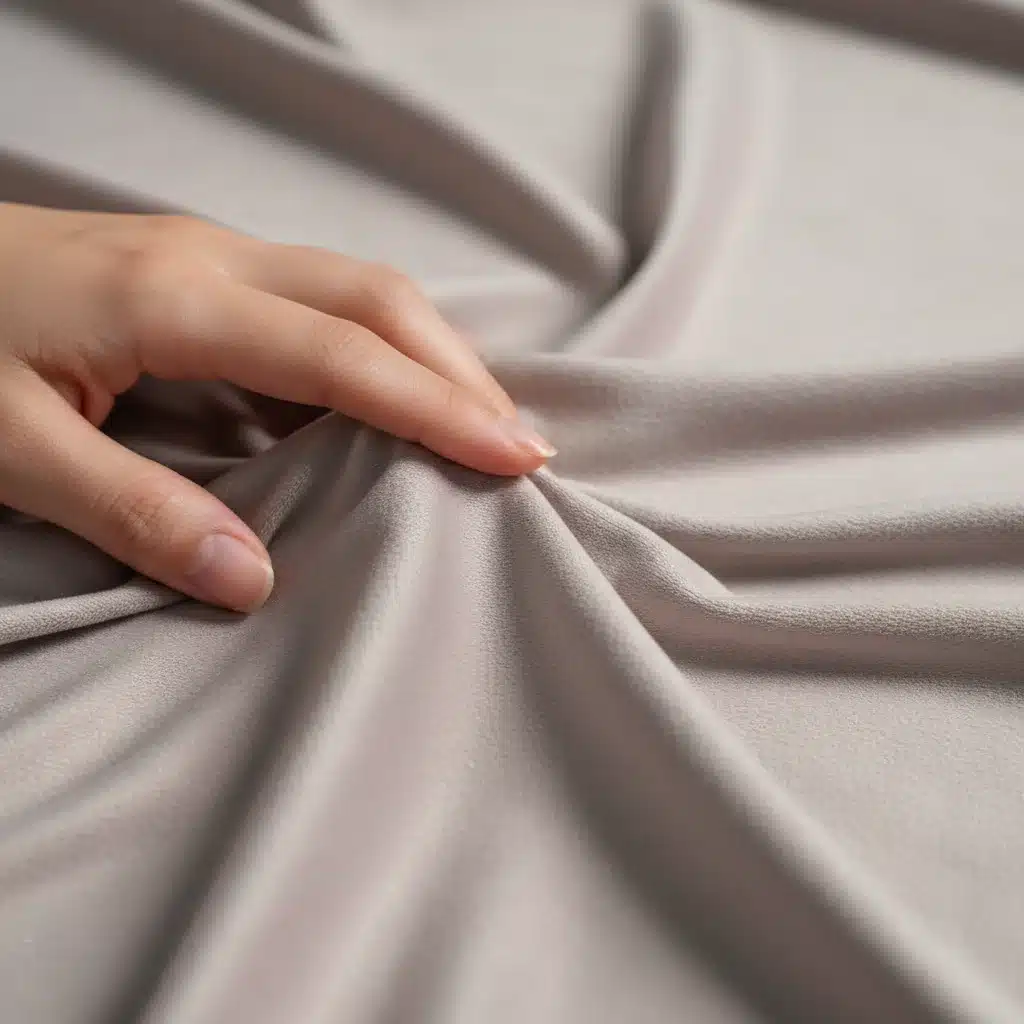 Mano acariciando una tela suave y fluida, destacando la textura y la calidad de un tejido SHEIN.