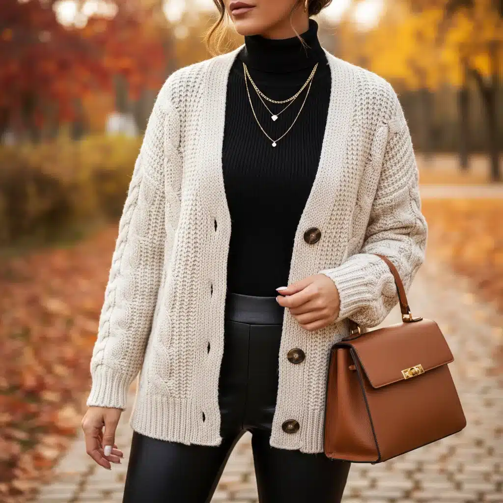 Detalle de texturas en look Shein de otoño, cárdigan de punto y leggings de cuero sintético