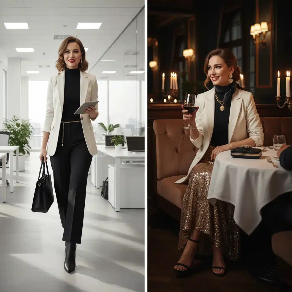 Mujer con look Shein de oficina durante el día y el mismo look transformado para una cena elegante por la noche.