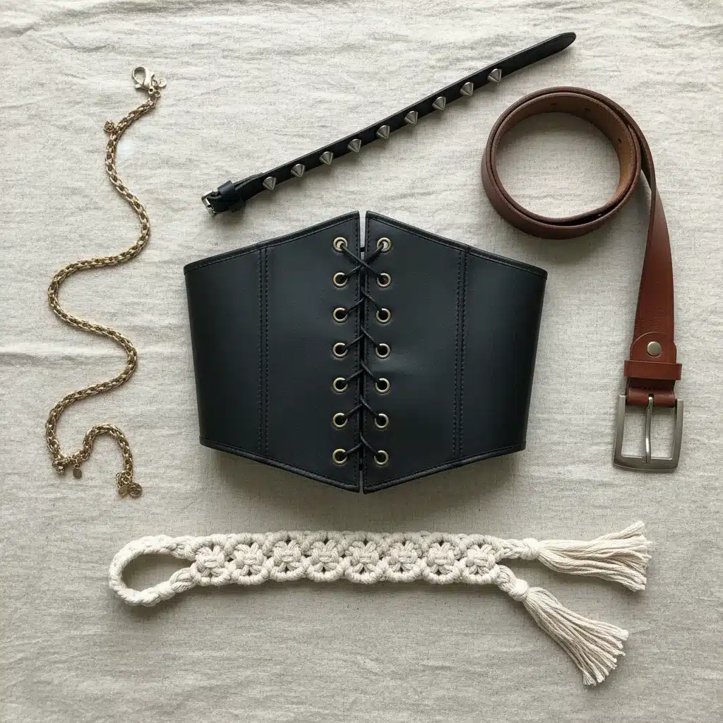 Variedad de cinturones elegantes, incluyendo un cinturón ancho tipo corsé y uno de cadena fina, mostrando opciones para estilizar la figura.