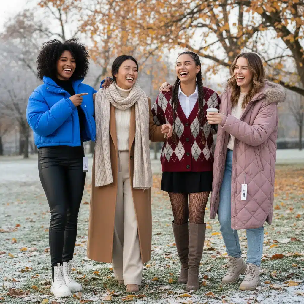 Grupo de amigas con diversos outfits de invierno de SHEIN, riendo y posando al aire libre, representando la versatilidad de la moda.