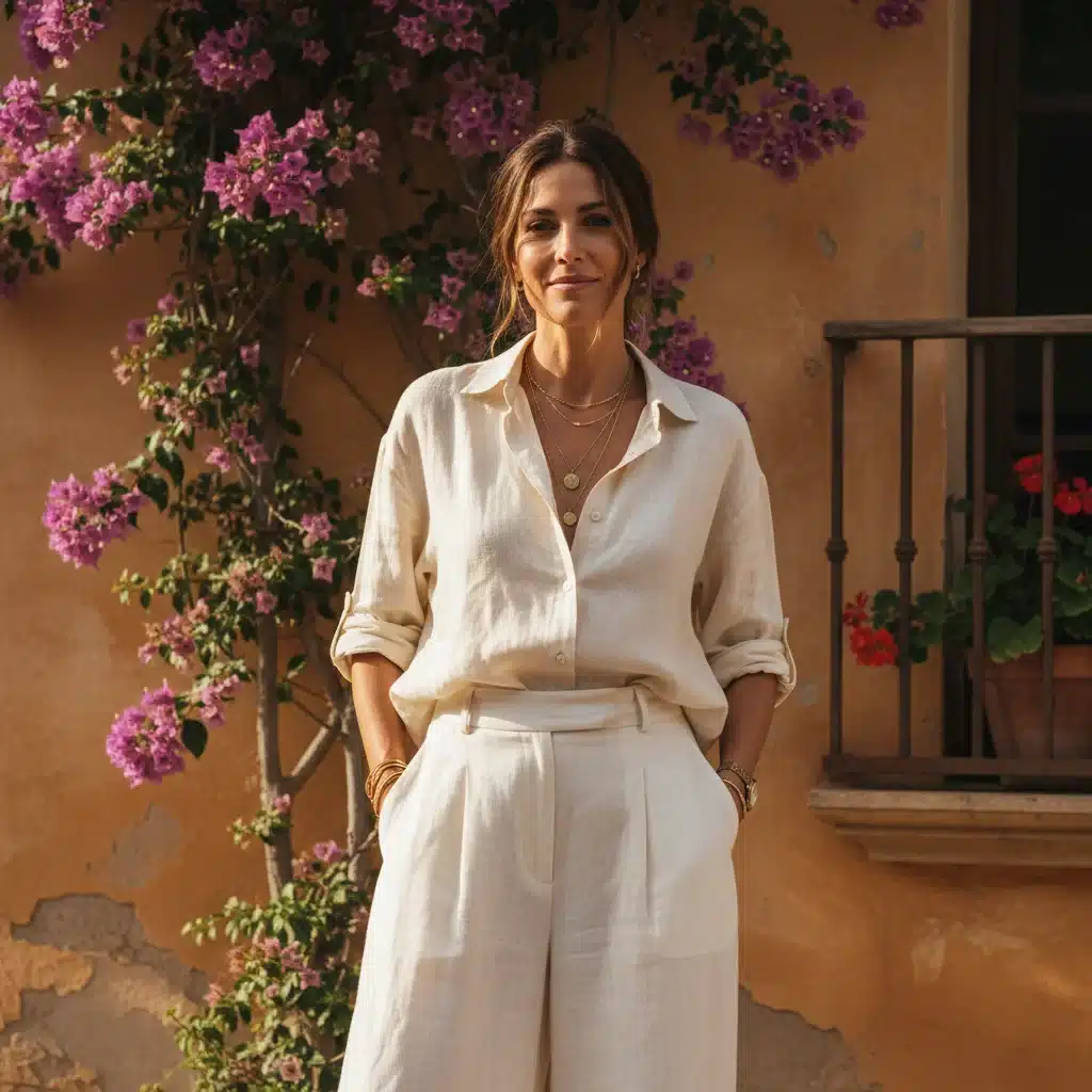 Detalle de un look estilo 'coastal grandma' con prendas de lino y accesorios sutiles.