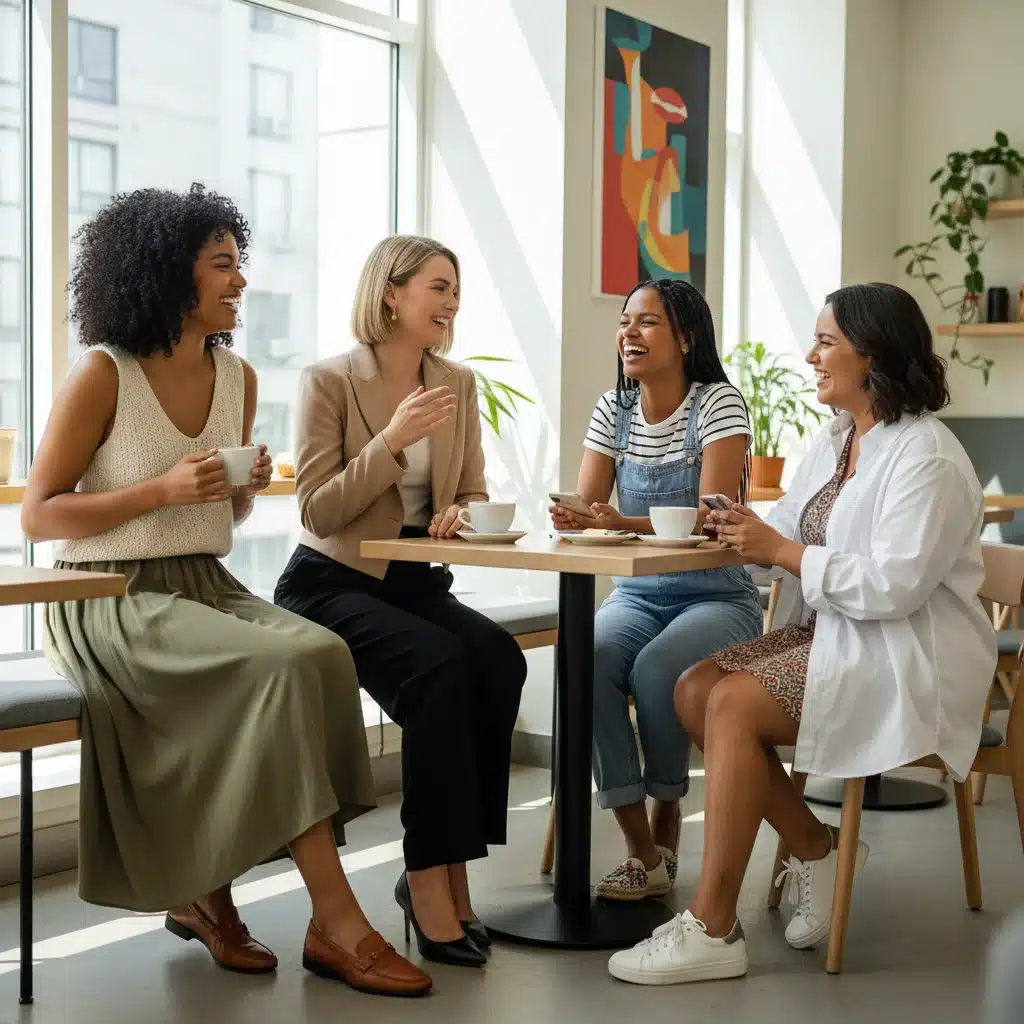 Grupo de mujeres jóvenes en un café, luciendo diversos outfits casual chic de SHEIN, riendo y socializando.