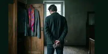 Person viewed from behind, contemplating outfit choices in front of a dimly lit antique armoire, illustrating the subconscious process of fashion psychology.