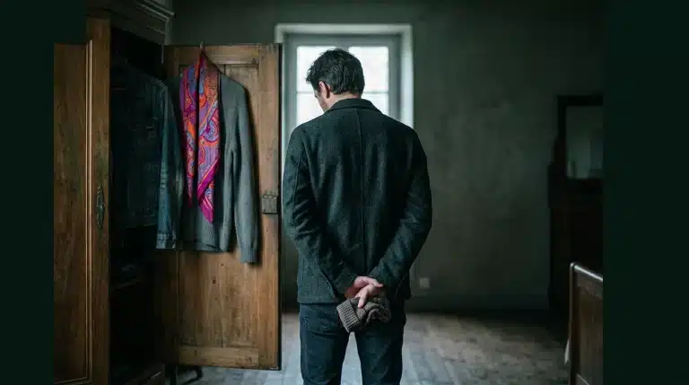 Person viewed from behind, contemplating outfit choices in front of a dimly lit antique armoire, illustrating the subconscious process of fashion psychology.