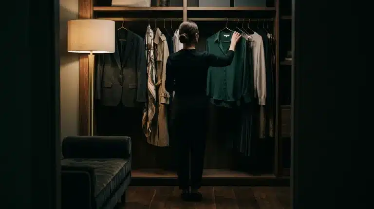 A professional fashion stylist, seen from behind, selecting a versatile dark green silk blouse from a meticulously curated wardrobe, lit by a dramatic single light source, symbolizing strategic seasonal adaptation.
