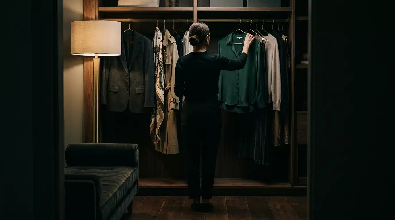 A professional fashion stylist, seen from behind, selecting a versatile dark green silk blouse from a meticulously curated wardrobe, lit by a dramatic single light source, symbolizing strategic seasonal adaptation.