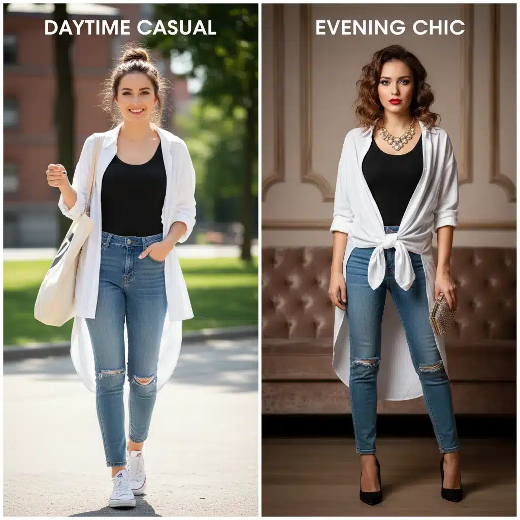 Comparación de dos looks diferentes creados con las mismas prendas básicas de SHEIN, uno casual y otro elegante.
