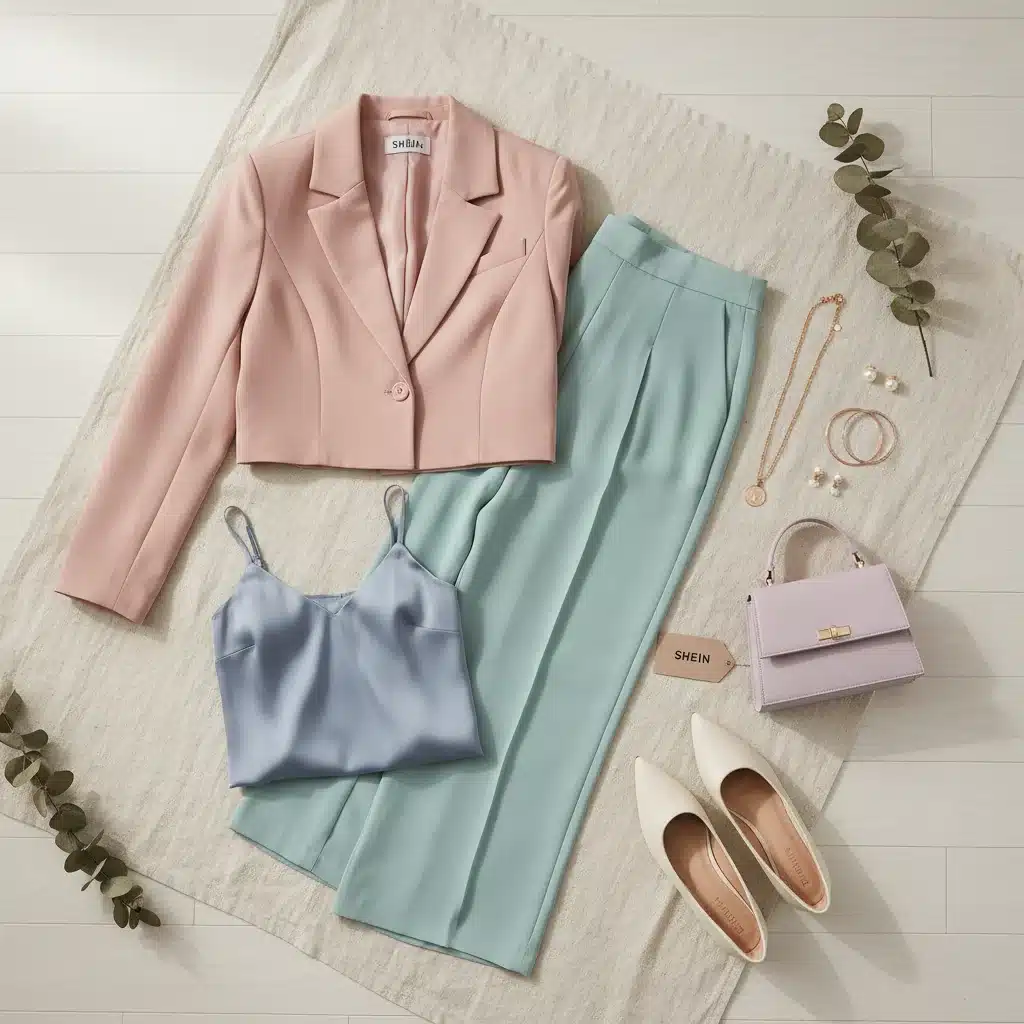 Disposición de prendas SHEIN en tonos pastel, representando el minimalismo suave.
