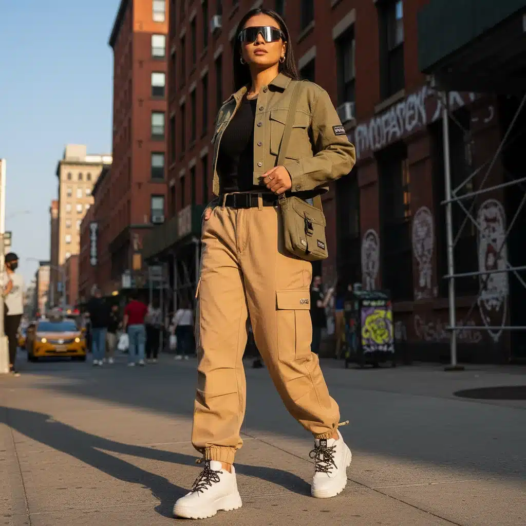 Conjunto 'utility chic' de SHEIN con pantalones cargo y chaqueta estructurada en un entorno urbano.