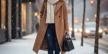Mujer elegante con abrigo camel y accesorios de invierno en una calle nevada, mostrando un look moderno y abrigado.
