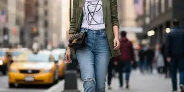 Mujer con blazer elegante, camiseta gráfica, vaqueros y zapatillas, mostrando estilo casual chic de SHEIN en la ciudad.