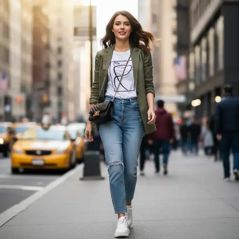 Mujer con blazer elegante, camiseta gráfica, vaqueros y zapatillas, mostrando estilo casual chic de SHEIN en la ciudad.