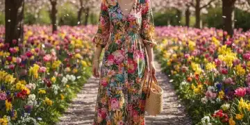Mujer joven con vestido floral de SHEIN y sombrero de paja, símbolo de moda primavera 2026.