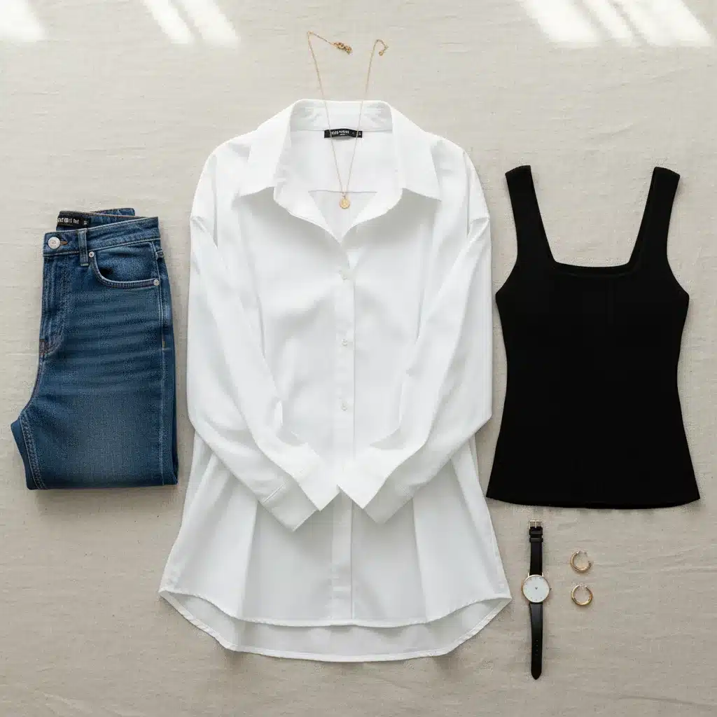 Tres prendas básicas de SHEIN: camisa blanca, vaqueros oscuros y top negro, listas para combinar.
