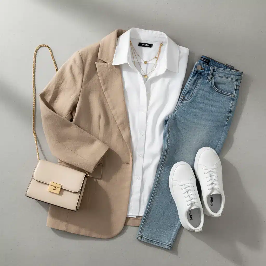 Composición de prendas SHEIN: blazer, camisa blanca, vaqueros, zapatillas y accesorios para un look casual chic.