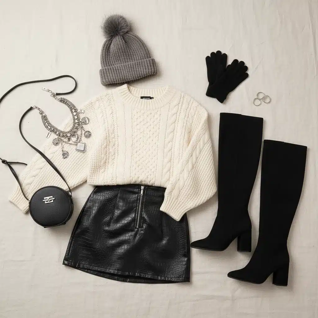 Composición de prendas de invierno SHEIN: jersey de punto, falda de cuero sintético, botas altas y gorro, mostrando opciones de estilo.