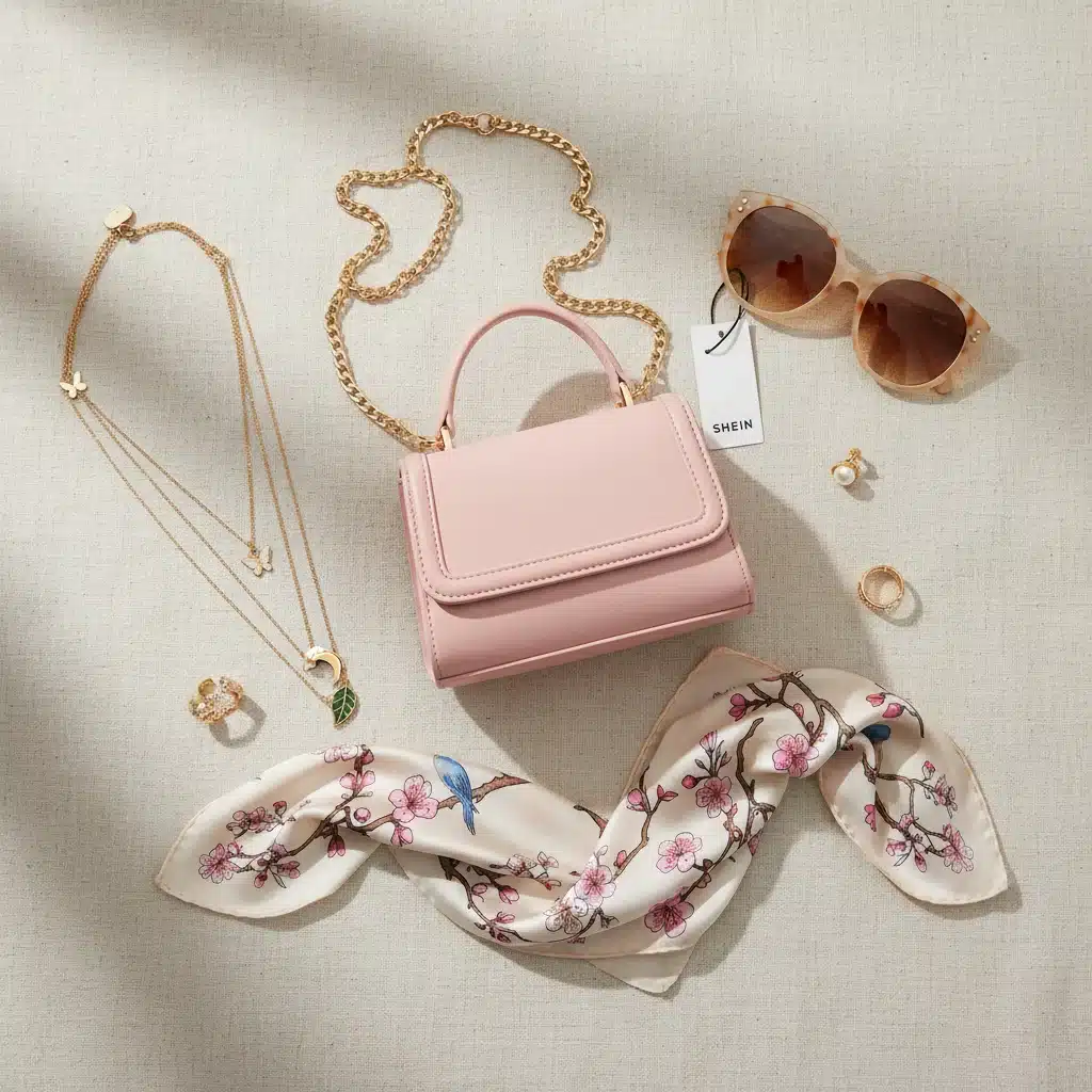 Accesorios SHEIN primavera 2026: bolso pastel, collares dorados, gafas de sol y pañuelo estampado, en un estilo elegante.