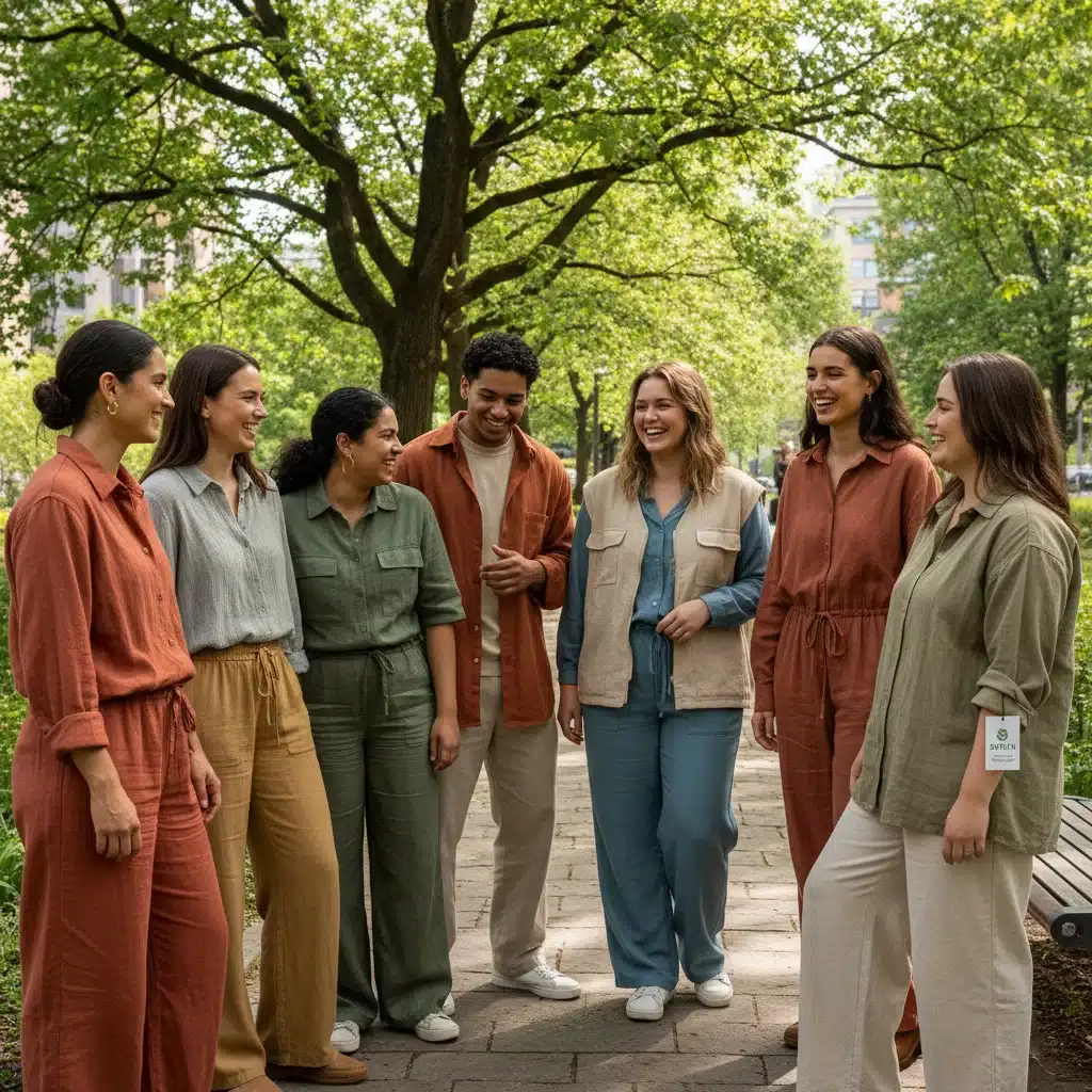 Grupo diverso de jóvenes vestidos con moda sostenible SHEIN primavera 2026 en un parque urbano, mostrando versatilidad.