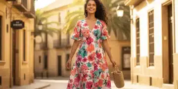 Mujer joven con vestido floral SHEIN, paseando por calle soleada de España, simbolizando la moda de primavera 2026.