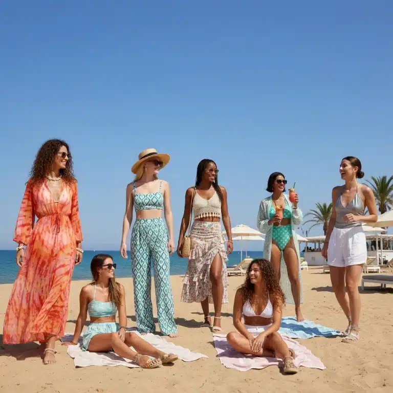 Mujeres jóvenes con ropa de moda SHEIN en una playa española, disfrutando del verano de 2026.